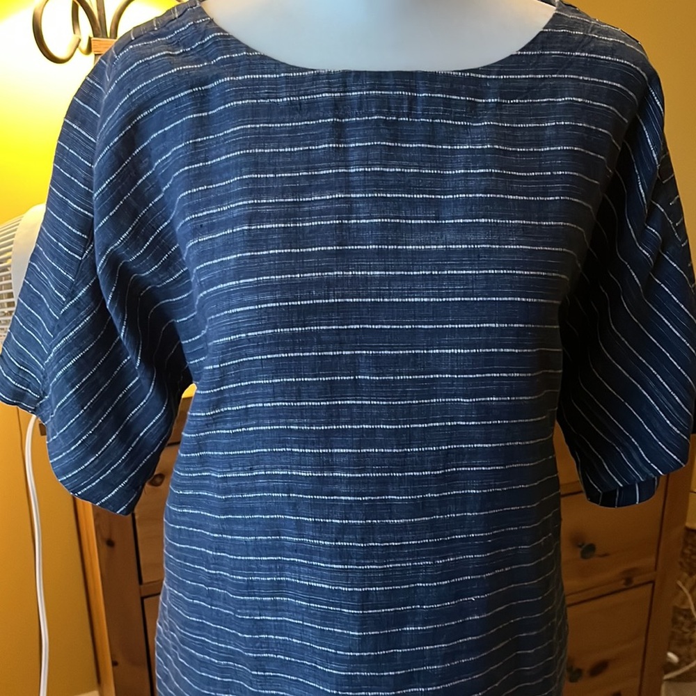 Eileen Fisher organic linen dress blue and white pinstripe - Picture 3 of 8